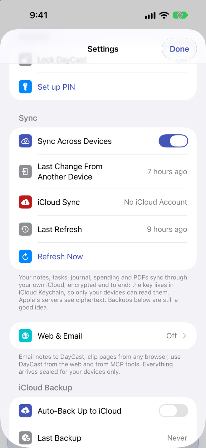 DayCast Settings with Sync Across Devices turned on