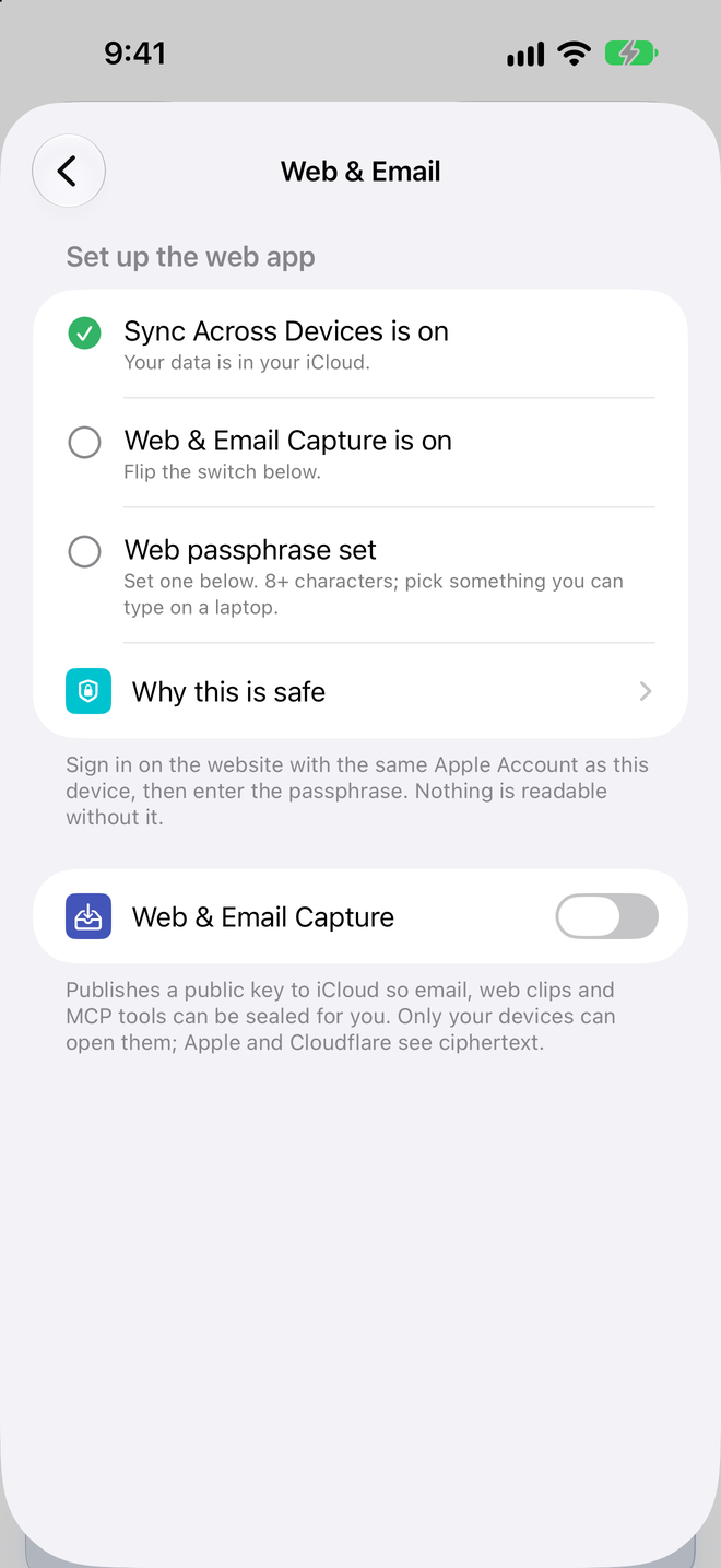 The Web & Email screen with its setup checklist