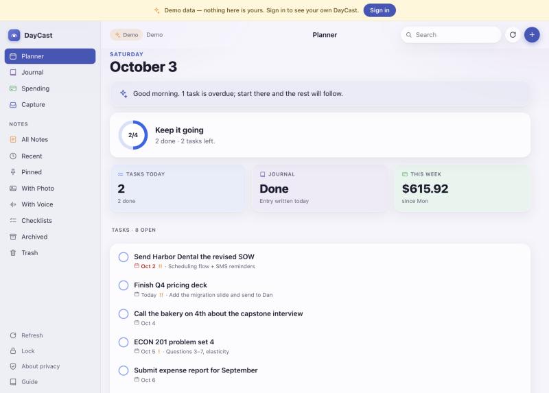 The DayCast web app showing the Planner