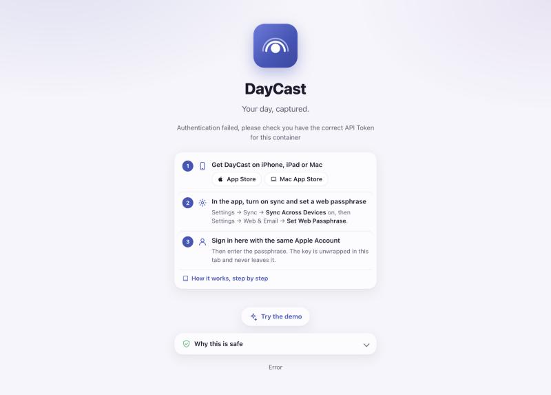 The DayCast web sign-in page with its three-step setup card